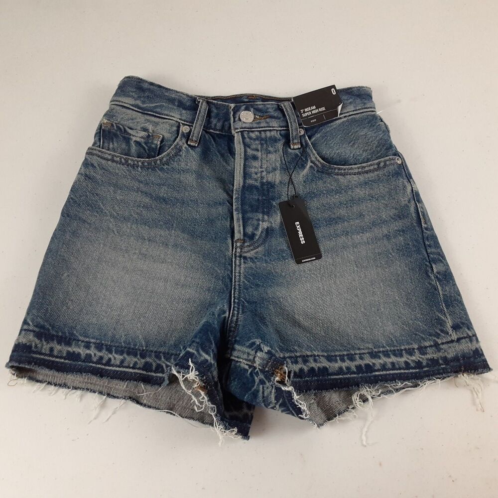 Express Super High Rise Rigid Cut Off Size 0 Jean Shorts Frayed Raw Hem Dark